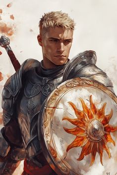 Kaldros Jorath stands tall with a broad, muscular build. His sun-kissed skin bears the marks of many battles, outlined by a network of scars. Short-cropped, ash-blond hair frames a square jaw, leading to a strong neck. Deep brown eyes are set beneath heavy brows. He wears polished, silver-plated armor, reflecting a fiery red emblem of a blazing sun on his intricately crafted shield. Dnd Character Tattoo Ideas, Plated Armor, Character Showcase, Deep Brown Eyes, Paladin Dnd, Human Paladin, Strong Neck, Square Jaw, Werewolf Drawing