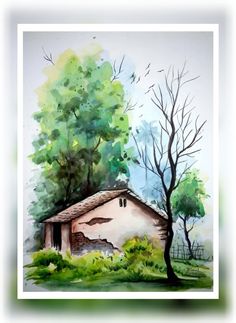 a watercolor painting of a house in the woods