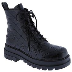 Chunky heel combat boot with quilted pattern. Lace up shoes for every day style! Combat Platform Boots, Heeled Combat Boots, Suede Combat Boots, Black Weave, Womens Combat Boots, Pumpkin Party, Womens Chunky Heels, Braid Designs, Quilted Pattern