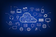 the cloud is surrounded by various electronic devices and icons on a blue background with white lines