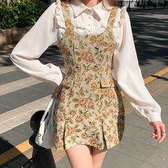 Twofer Dress, Desi Fashion Casual, Button Decorations, White Long Sleeve Blouse, Inspired Outfits, Fashion Design Clothes, 가을 패션, Only Fashion, Casual Style Outfits