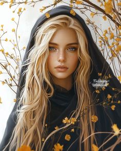 a painting of a woman with long blonde hair and blue eyes wearing a black hoodie