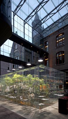 the inside of an office building with glass walls and lots of plants in front of it