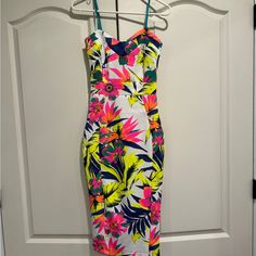 Floral Tropical Print Midi Dress With Adjustable Straps Stretch & Tight Fit Size Small Material: 95% Polyester 5% Elastane Never Worn But No Tag Floral Print Bodycon Dress For Beach, Floral Print Bodycon Dress For The Beach, Fitted Sleeveless Tropical Dresses, Fitted Tropical Print Mini Dress For Party, Tropical Fitted Party Dresses, Multicolor Floral Print Bodycon Dress, White Fitted Tropical Print Dress, Fitted Sleeveless Mini Dress With Tropical Print, Fitted Tropical Dress With Vibrant Print