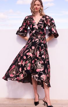 Dresses DAWN PEACH WRAP DRESS Dress With Gold Accessories, Bride Outfits, Blouse Sale, Wrap Belt, Essential Dress, Bridesmaid Accessories, Scarf Sale, Pink Floral Print, Bishop Sleeve