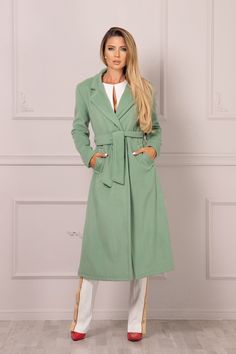 "Wool Cashmere Coat, Green Winter Coat, Warm Overcoat Turn up your dull winter outfit with this sea green vision. Overcoat made of warm wool-cashmere fabric. This calf-length coat will add that missing pop of color to your winter look. Works excellent even with autumn looks, and it will definitely become your new favorite piece for the number of ways it can be styled. You'll want to go out so that you can show it to the world. ⚜𝙸 𝙼 𝙿 𝙾 𝚁 𝚃 𝙰 𝙽 𝚃: ➺Please, keep in mind that the sea green Chic Long Green Outerwear, Green Wool Coat For Winter, Green Long Outerwear For Workwear, Green Long Outerwear For Work, Green Long Wool Winter Coat, Green Long Wool Coat For Winter, Green Wool Coat With Pockets For Fall, Green Winter Sweater Coat For Work, Green Long Pea Coat For Fall