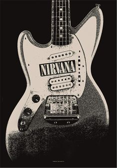 an electric guitar with the name nirvana on it's body and neck, in black and white