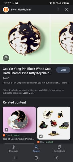 an image of a pin with cats on it and other items in the back ground