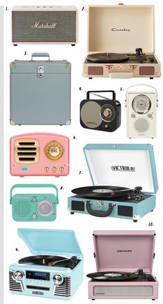 an assortment of vintage record players and amps are featured in this image with the words,