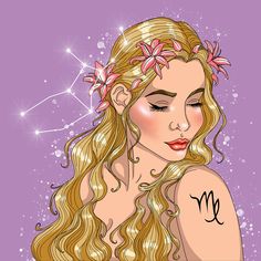 a woman with long blonde hair and flowers in her hair is wearing a zodiac sign tattoo