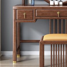 a wooden desk with a mirror and stool