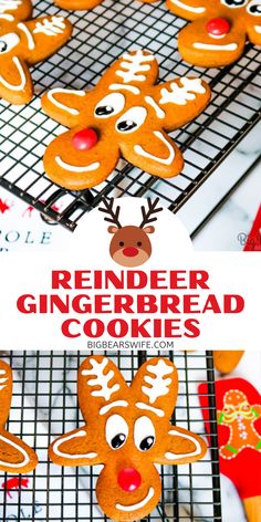 gingerbread cookies decorated with reindeer faces on a cooling rack