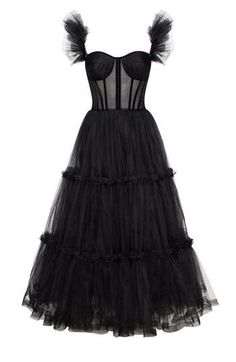 The tulle cocktail dress features a semi-transparent bustier with corset lacing, ruffle sleeves, and a partially lined skirt. Material: Tulle Composition: 100% polyester Skirt length from waist: 35.4 inches Dress weight: 3.52 lbs Neckline: Heart-shaped Back: Lace-up closure Built-in cups Lining: Light blue short underskirt Machine wash gentle cycle up to 86ºF Do not bleach Steam up to 250ºF Dry cleaning allowed Do not tumble dry Dry vertical Store hanging with inner straps on a notched hanger, preferably in a garment bag Transparent Corset, Dress Masquerade, Wednesday Addams Family, Black Tulle Dress, Detail Couture, Tulle Midi Dress, Dress Weights, Skirt Details, Vintage Black Dress