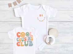 Cool Cousin Club Baby Bodysuit, Baby Bodysuit, Cousin Shirt, Cousin Crew, Pregnancy Announcement, Family Shirt, Baby Cousin Gift, Big Cousin 💗  Welcome to The WildflowerbyMiley Etsy Shop!  This listing is for the bodysuit, sweatshirt or t-shirt only. All other items that are shown in our photos such as shoes, hats, beanies, blankets etc. are for photo staging purposes and are NOT INCLUDED in the sale. DESCRIPTION:  This baby and children's unisex essential fits like a well-loved favorite. Super soft t-shirts, sweatshirts and baby bodysuits for your little lads and gals meant to showcase their big personalities. Its Excellent quality and vibrant print makes one fall in love with it over and over again.  This adorable piece is the perfect lightweight layer for casual wearing.  This product Cousin Baby Announcement, Big Cousin Announcement, Pregnacy Announcement, Pregnancy Announcement Family, Cousin Gifts, Cousin Crew, Reveal Ideas, Family Shirt, Gender Neutral Baby