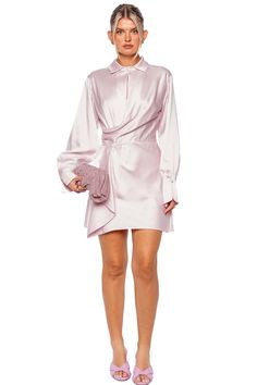 This classic woven long sleeve mini shirt dress features a draped silhouette and is finished with button cuffs. Concealed side zipper 89% Acetate, 11% Polyester Dry clean Formal Long Sleeve Feminine Mini Dress, Long Sleeve Mini Dress With Draped Sleeves For Work, Feminine Long Sleeve Mini Dress For Workwear, Elegant Evening Mini Dress With Long Draped Sleeves, Mini Dress With Draped Long Sleeves For Night Out, Silk Long Sleeve Mini Dress For Date Night, Feminine Long Sleeve Mini Dress For Evening, Cocktail Mini Dress With Draped Long Sleeves, Mini Dress With Draped Sleeves For Work