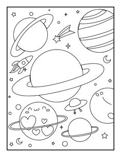 a coloring page with planets and stars