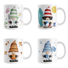 four mugs with cartoon characters on them, one is holding a surfboard and the other has a hat