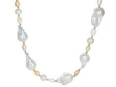 Genusis™ 13-16mm & 6-9mm multi-color freshwater pearl rhodium over sterling silver 54 inch necklace. Measures approximately 5/8 of an inch in width and has a lobster claw clasp closure. Colors, shapes, and sizes may vary. Silver Single Strand Pear-shaped Necklaces, Pricing Jewelry, Lobster Claw, Amazing Jewelry, Fresh Water, Freshwater Pearls, Pearl Necklace, Multi Color, Beaded Necklace