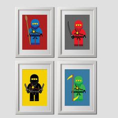 four framed art pieces with ninjas on them