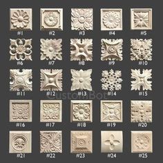 the different types of decorative tiles and molds are shown in various sizes, shapes, and colors