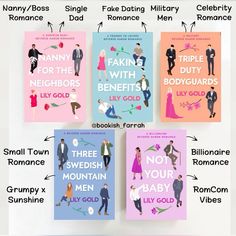 four book covers with different font and illustrations on them, including three men in suits