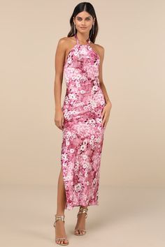 Mauve Floral Dress - Satin Floral Maxi Dress - Halter Maxi Dress - Lulus Glamorous Floral Print Maxi Dress For Prom, Halter Neck Floral Print Dress For Party, Pink Silk Satin Dress For Date Night, Elegant Rose Print Maxi Dress, Elegant Maxi Dress With Rose Print, Glamorous Floral Print Maxi Dress, Feminine Floral Print Satin Dress, Satin Floral Print Party Dress, Satin Floral Print Dress For Night Out