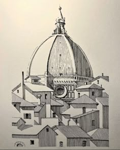 an ink drawing of a dome on top of a building with rooftops in the foreground