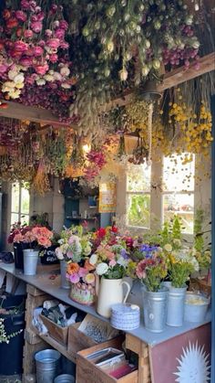 a flower shop filled with lots of different types of flowers and plants hanging from the ceiling