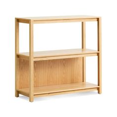 a wooden shelf with two shelves on each side