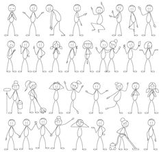 cartoon stick figures with different poses and expressions for each individual to be drawn on paper