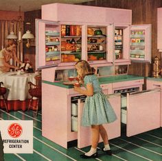 1957 GE Refrigeration Center Eye-Level General Electric Wall Refrigerator-Freezer plus two Roll Out Freezers. Put all foods within easy reach, and provide 21-cubic foot cabin space. - Via Coloured Kitchens, 50s Kitchen, 1950s Furniture, Retro Kitchens, Vintage Refrigerator, Kitchen Retro, Vintage Kitchens, Ge Refrigerator, Vintage Appliances