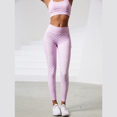 Pink Checkered Leggings | Daniki Limited Athleisure Tights For Pilates With Elastic Waistband, Sporty Leggings With Elastic Waistband For Pilates, Sportswear Leggings For Fitness, Sportswear Leggings For Pilates With Elastic Waistband, Sporty Tights With Elastic Waistband For Yoga, Casual Breathable Leggings For Pilates, Athletic Fit Yoga Bottoms Athleisure, Sporty Yoga Tights With Elastic Waistband, Athleisure Activewear With Elastic Waistband For Pilates