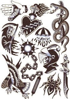 an old school tattoo design is shown in black and white, with lots of different symbols