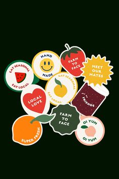 A group of branded stickers which are a nod to vintage fruit stickers sit on a dark background. They read 'FARM TO FACE', 'MEET OUR MATES', 'EAT SEASONAL, EAT LOCAL' and 'LOCAL LOVE'. Branded Stickers, Fruit Stickers, Collateral Design, Illustration Photography, Vintage Fruit, Fruit Illustration, Packaging Stickers, Logo Mockup