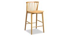 a wooden bar stool with a bent back and seat, viewed from the front on a white background