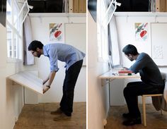 two pictures of a man sitting at a desk in front of a window and looking into the room