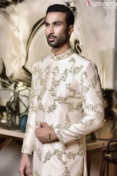 Buy Men's Sherwani-Latest Designer Sherwani in Pakistan Online 2021-Men's Wear With Zari, Embroidery, In USA, UK, Canada, Australia Visit Now : www.NameerabyFarooq.com or Call / Whatsapp : +1 732-910-5427 Sherwani For Groom, Hand Touching, Dabka Work, Cotton Frock, Embroidery Indian, Groom Sherwani, Sherwani For Men Wedding, Sherwani Groom, Mens Sherwani