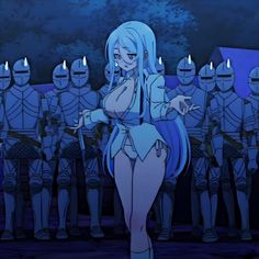 an anime character standing in front of a group of people with blue hair and armor