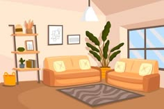 a living room with two couches and a potted plant in the corner,