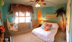 a bedroom with a hammock bed and palm trees