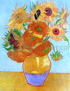 a painting of sunflowers in a vase on a table