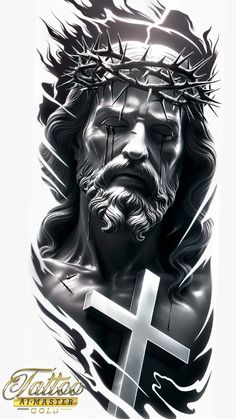 a black and white drawing of jesus with a cross