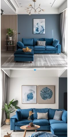 two pictures of a living room with blue couches