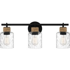 three light bathroom fixture with glass jars and rope on the top, black metal frame