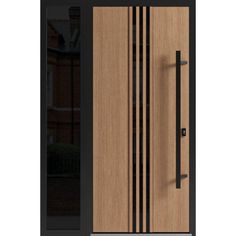 an image of a modern wooden door with black glass and metal handle on the side