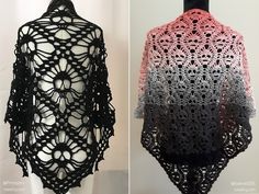 two pictures of the same crocheted shawl, one in black and pink