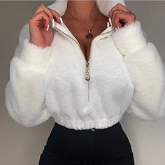 Stand Neck, White Turtleneck, Cropped Tops, Jumper Shirt, Fur Fashion, Solid Clothes, Solid Tops, Sweatshirt Designs, Pullover Sweatshirts