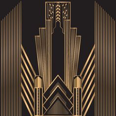 an art deco poster with gold lines and skyscrapers in the background, on black