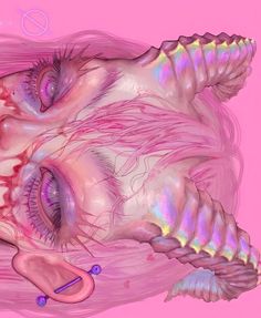 a digital painting of a woman's face with pink hair and holographics