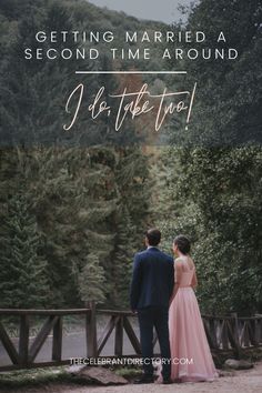 a man and woman standing next to each other in front of trees with the text getting married a second time around i do the two